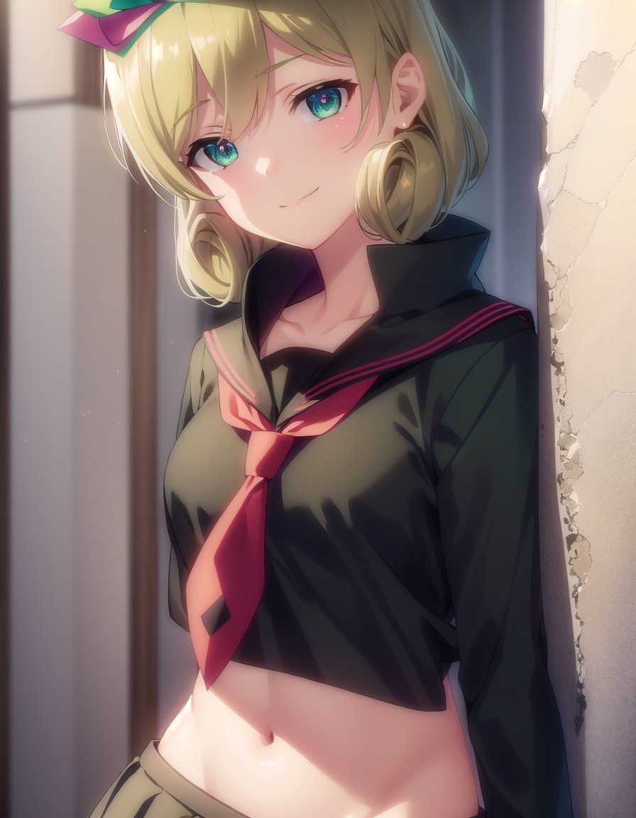 skharuka, <lora:sk haruka s1-lora-nochekaiser:1>,haruka, short hair, blonde hair, (green eyes:1.3), hair bow,BREAK skirt, bow, navel, necktie, serafuku, midriff, crop top, (black serafuku:1.2),BREAK outdoors, beach,BREAK looking at viewer, (cowboy shot:1.5), smile,BREAK <lyco:GoodHands-beta2:1>, (masterpiece:1.2), best quality, high resolution, unity 8k wallpaper, (illustration:0.8), (beautiful detailed eyes:1.6), extremely detailed face, perfect lighting, extremely detailed CG, (perfect hands, perfect anatomy),