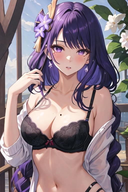 best quality, masterpiece, highres, solo, {raiden_shogun_genshin:1.15}, long_hair, purple_hair, bangs, purple_eyes, mole_under_eye, mole, breasts, hair_ornament, large_breasts, flower, braid, cleavage, hair_flower, blush, very_long_hair, 1girl, bra, looking_at_viewer, underwear, black_bra, parted_lips, upper_body