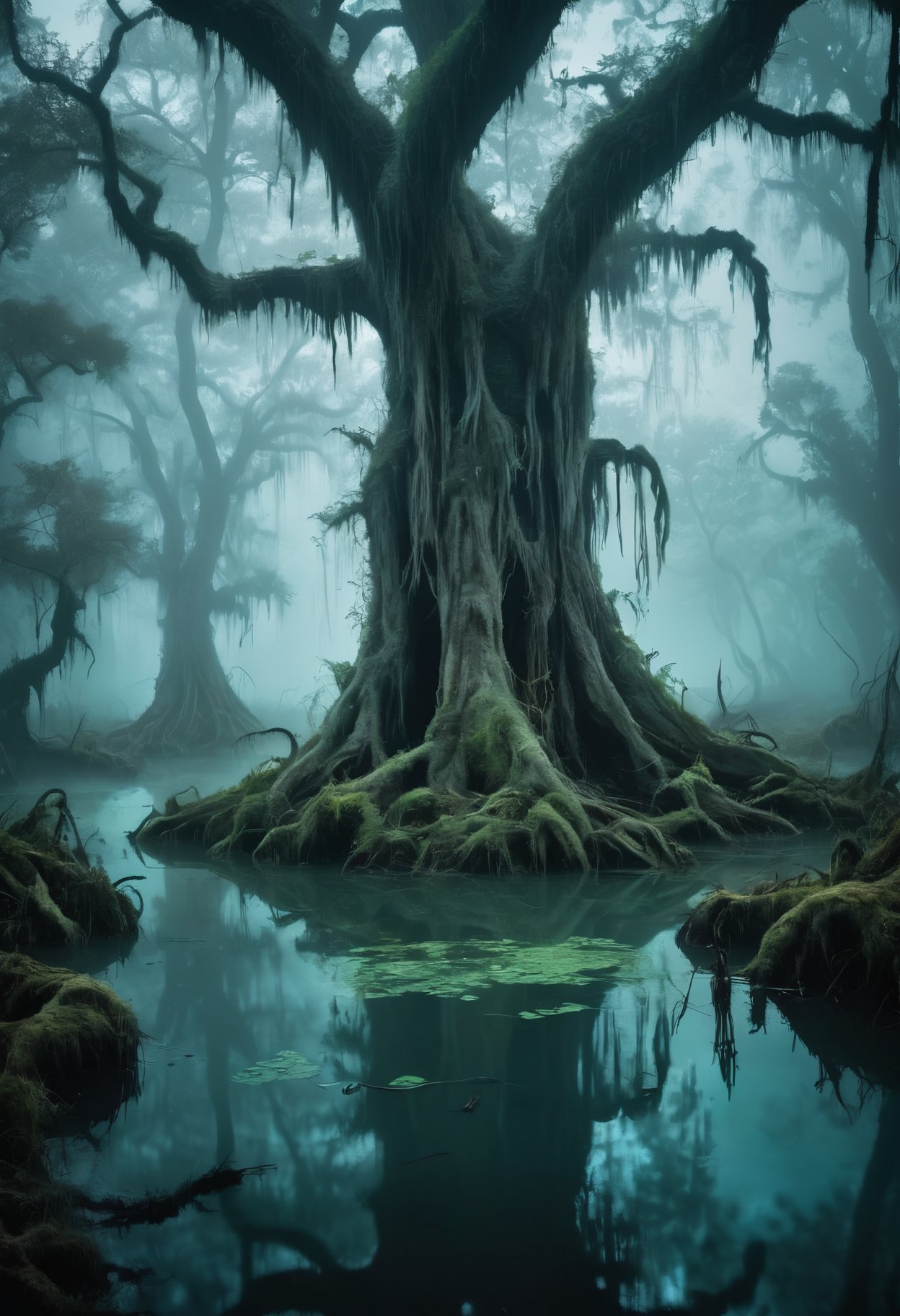 A hauntingly beautiful, fog-shrouded swamp, where the trees are twisted and gnarled, and the water is alivewith eerie, glowing bioluminescent plants. In the heart of this mystical place lies an ancient temple, guarded bywise, enigmatic beings.