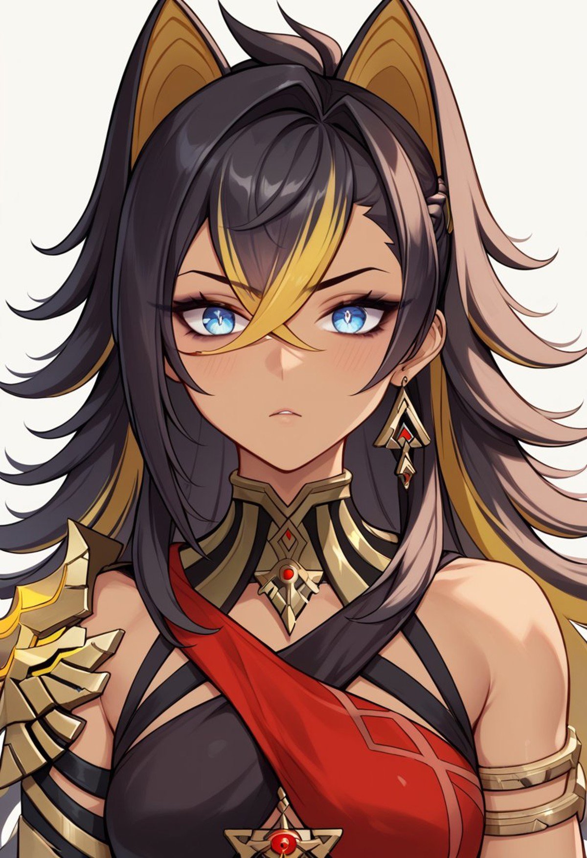 score_9, score_8_up, score_7_up, score_6_up BREAKcloseup, portrait, dehya-dh, 1girl, animal ears, black hair, blonde hair, blue eyes, criss-cross halter, crossed bangs, dark-skinned female, hair between eyes, jewelry, long hair, multicolored hair, streaked hair <lora:Dehya_Genshin_Impact:0.8>