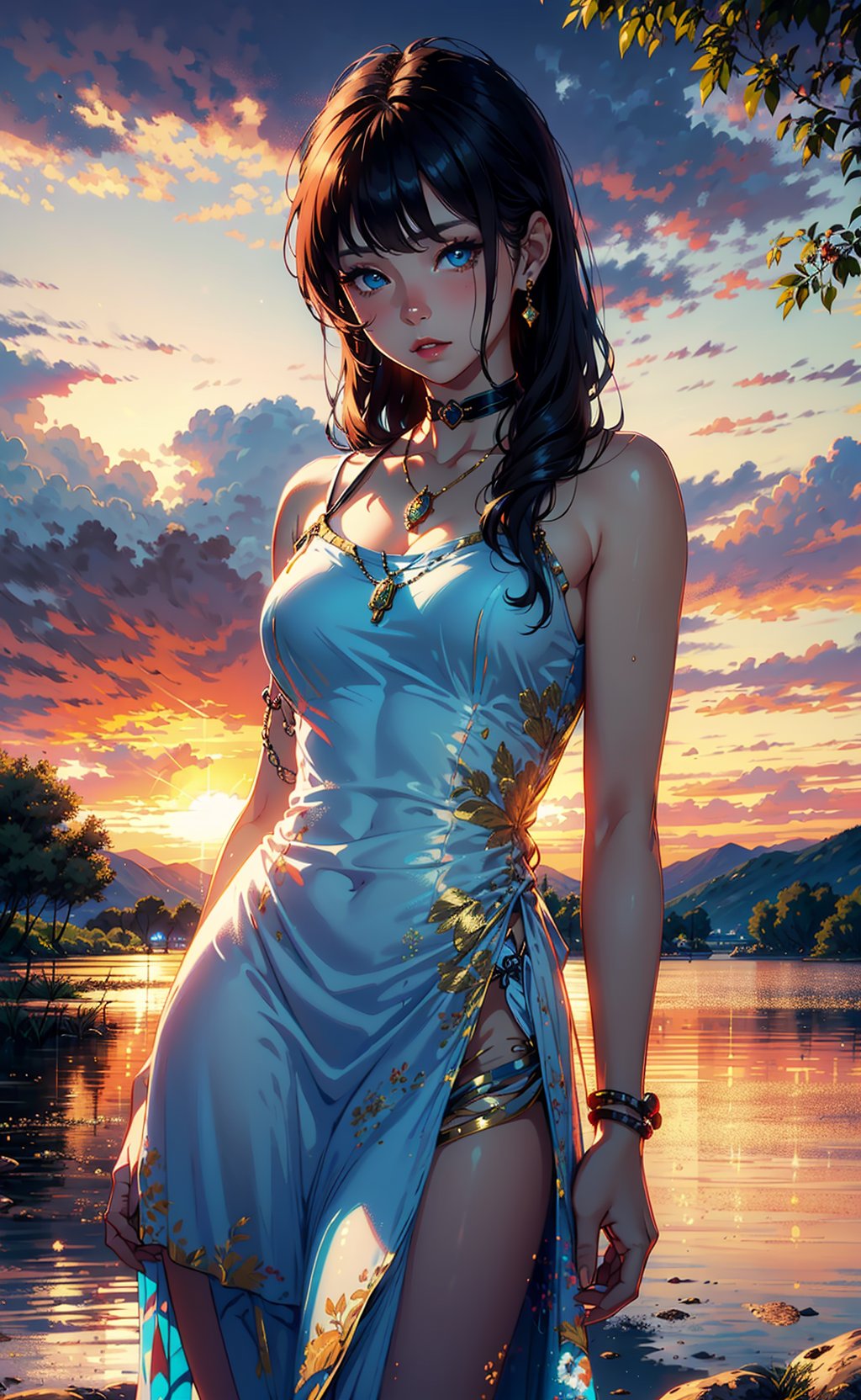 1 girl, serene expression, mesmerizing eyes, straight long hair, flowing dress, poised posture, porcelain skin, subtle blush, crystal pendantBREAKgolden hour, (rim lighting):1.2, warm tones, sun flare, soft shadows, vibrant colors, painterly effect, dreamy atmosphereBREAKscenic lake, distant mountains, willow tree, calm water, reflection, sunlit clouds, peaceful ambiance, idyllic sunset, ultra detailed, official art, unity 8k wallpaper, zentangle, mandala