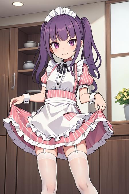 ichijou ayaka, cream-butter uniform, pink dress, white legwear, white thighhighs, puffy short sleeves, vertical-striped dress, black footwear, vertical-striped skirt, wrist cuffs, striped skirt, smile, puffy sleeves, frilled apron, striped dress, name tag, 1girl, twintails, maid headdress, waist apron, frilled dress, white collar, waitress, white apron, center frills, buttons, black neck ribbon, kitchen, window, skirt lift, lifted by self <lora:fingers4civitai:1:1:lbw=OUTALL> <lora:ichijou_ayaka_locon_v1:0.7>