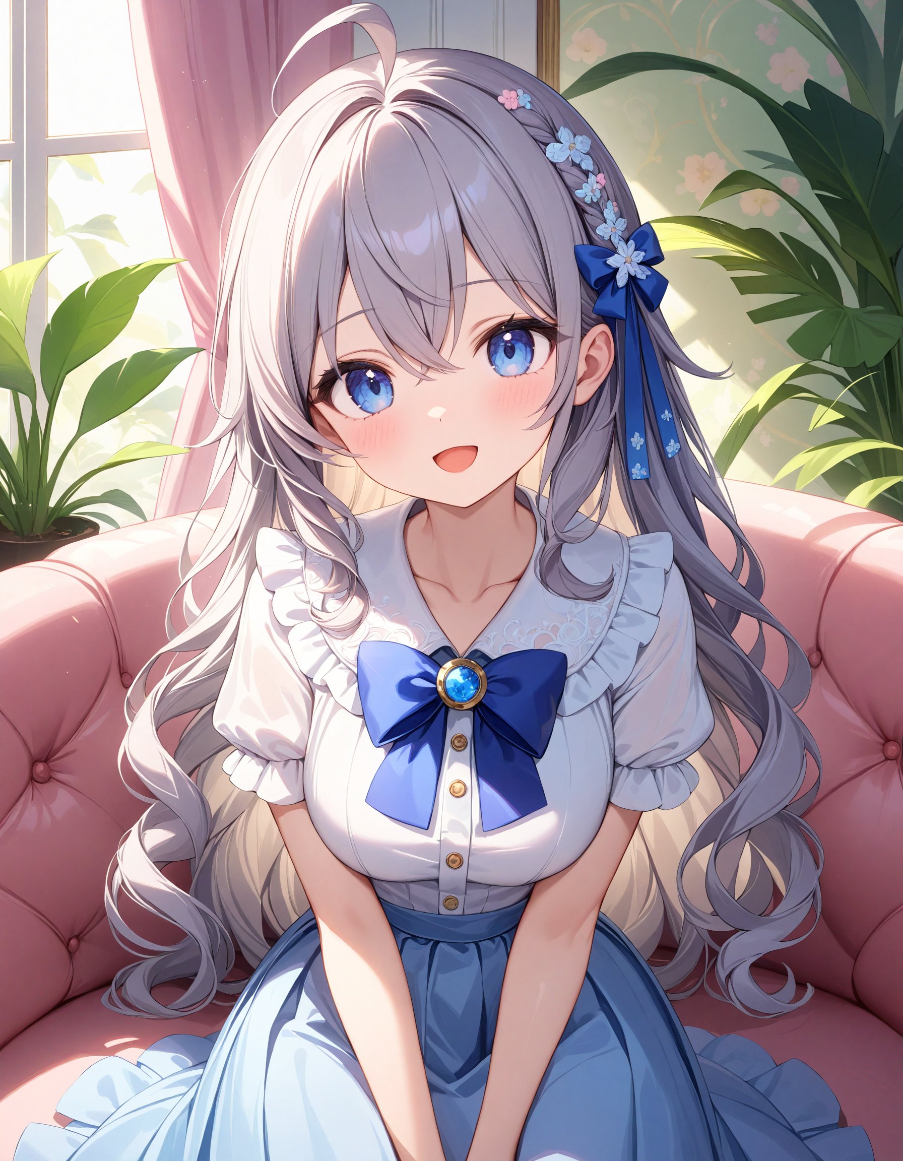 (Portrait:1.1). (Shooting from front:1.1). A cute girl. Solo. (Chibi:0.45). (Round face:1.2). Detailed dark-blue eyes. Tareme. Long wavy hair, ribbon hair ornament, (gray hair), (gray inner hair), ahoge and hair between eyes. Detailed slender body. (Large breasts:0.8). Ruffled white blouse, short ruffled short sleeves, pale saxe-blue bowtie and pale saxe-blue layered long skirt. :D. Sitting on the sofa. Head tilt. Looking at viewer. Fashionable cute living room. Decorative plants. Pastel pink sofa. Pastel cute curtains. Pastel cute wallpaper. Daytime. (Natural lighting:1.4). Intricate details. Extremely detailed. Outstanding intricacies. (Masterpiece:1.2). (Best quality:1.2). (Absurdres absolutely resolution:1.4).