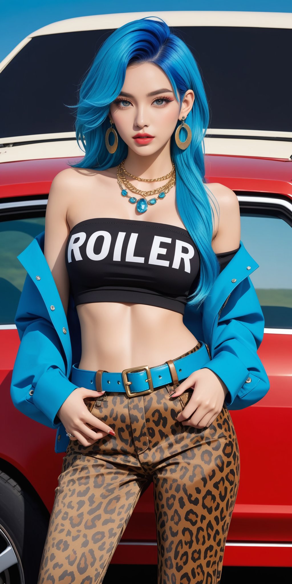 1beauty,roleplay,animalprint,aquahair,bareshoulder,belt,bluehair,chest,car,clotheswriting,cowboylens,earrings,groundvehicles,handsonthewaist,jacket,jewelry,lips,lookingattheaudience,makeup,eyeblack,mediummilk,abdomen,nailpolish,navel,necklace,offshoulder,pants,piercing,lifelike,longhair,solo,standing,