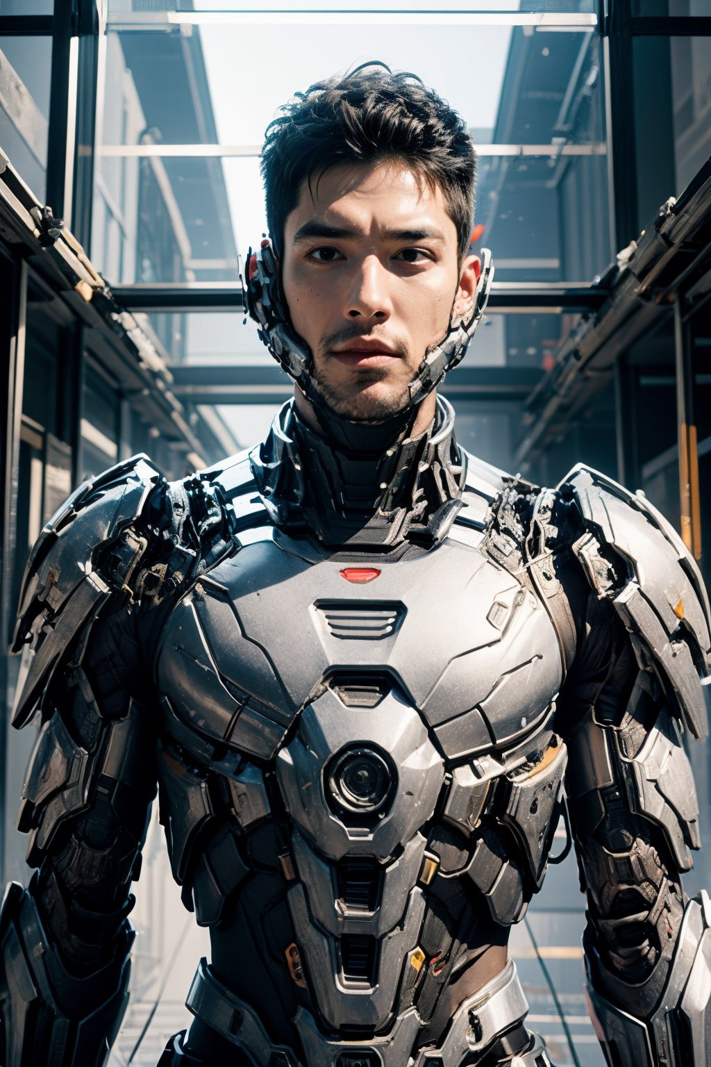 boy, realistic, indoors, looking at viewer, side face, upper body, cyberpunk armor,