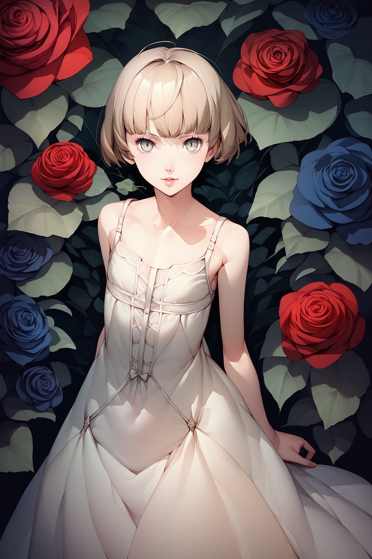 score_9, score_8_up, score_7_up, 1girl, :>, looking at viewer, beige hair, heavy_fringe, dark_grey eyes, flat chest, high low dress, Rose \(flower\), aqua_background <lora:Soejima_Shigenori_PonyXL_style_v01:1>