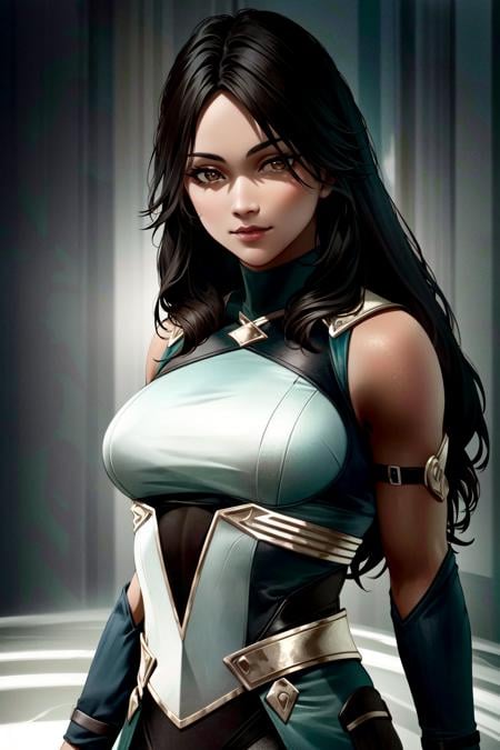 (extremely detailed CG unity 4k wallpaper),(masterpiece),(ultra quality),(ultra-detailed),(best illustration),(best shadow),(absurdres),(detailed background) <lora:OGT_Jade-v1:1.1> Jade, 1girl, solo, breasts, (((brown eyes, dark-skinned female, dark skin, brown skin))), looking at viewer, lips, upper body,  long hair, black hair, closed mouth, turtleneck, sleeveless, medium breasts