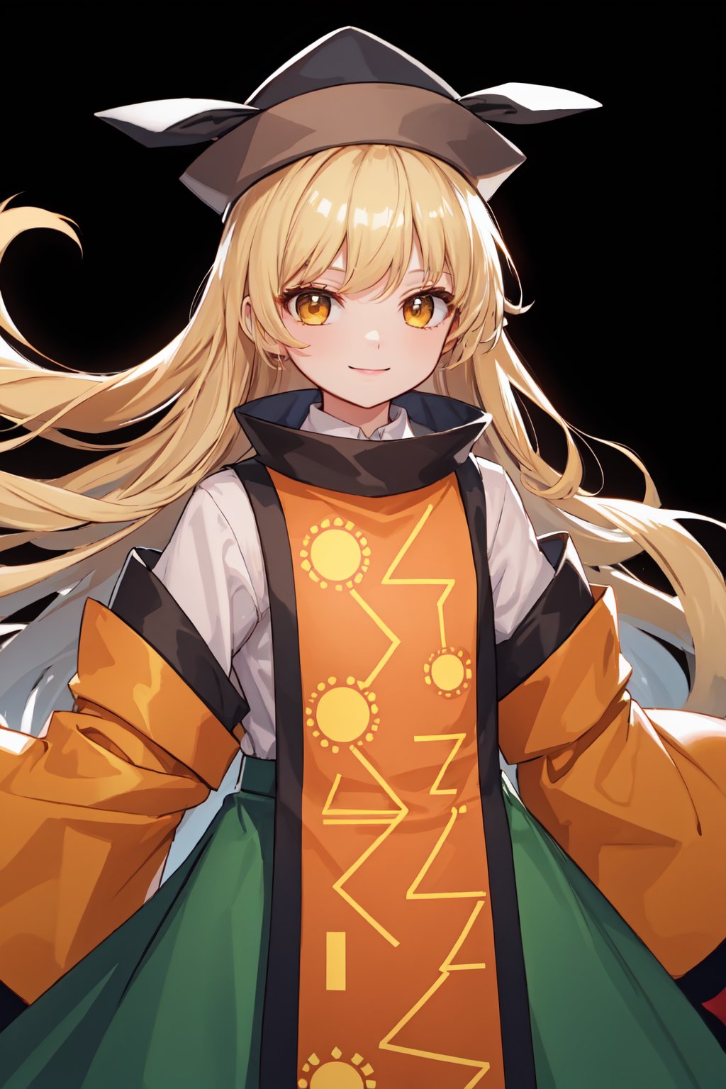 matara_okina,1girl,solo,hat,tabard,wide_sleeves,long_sleeves,black_headwear,green_skirt,smile,constellation_print,orange_sleeves,looking_at_viewer,detached_sleeves,simple_background,brown_headwear,white_shirt<lora:matara_okina:1>,simple background,white backgroundmasterpiece,best quality, highly detailed, 