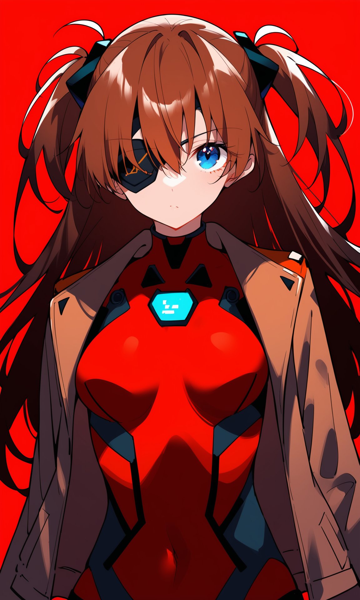 1girl,solo,souryuu asuka langley,eyepatch,red background,blue eyes,plugsuit,long hair,jacket,looking at viewer,breasts,upper body,red bodysuit,bodysuit,simple background,brown hair,open clothes,two side up,bangs,open jacket,closed mouth,interface headset,long sleeves,hair between eyes,brown jacket,red jacket,medium breasts,