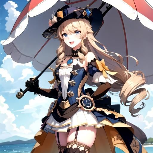 <lora:SkinBodyCare-08:0.7>,navia_gi, looking at viewer, smile, open mouth, skirt, thighhighs, gloves, hat, dress, holding, bare shoulders, standing, :d, outdoors, detached sleeves, sky, day, cloud, blue sky, umbrella, garter straps, drill hair, brown gloves, water drop, holding umbrella, brown headwear, rainbow