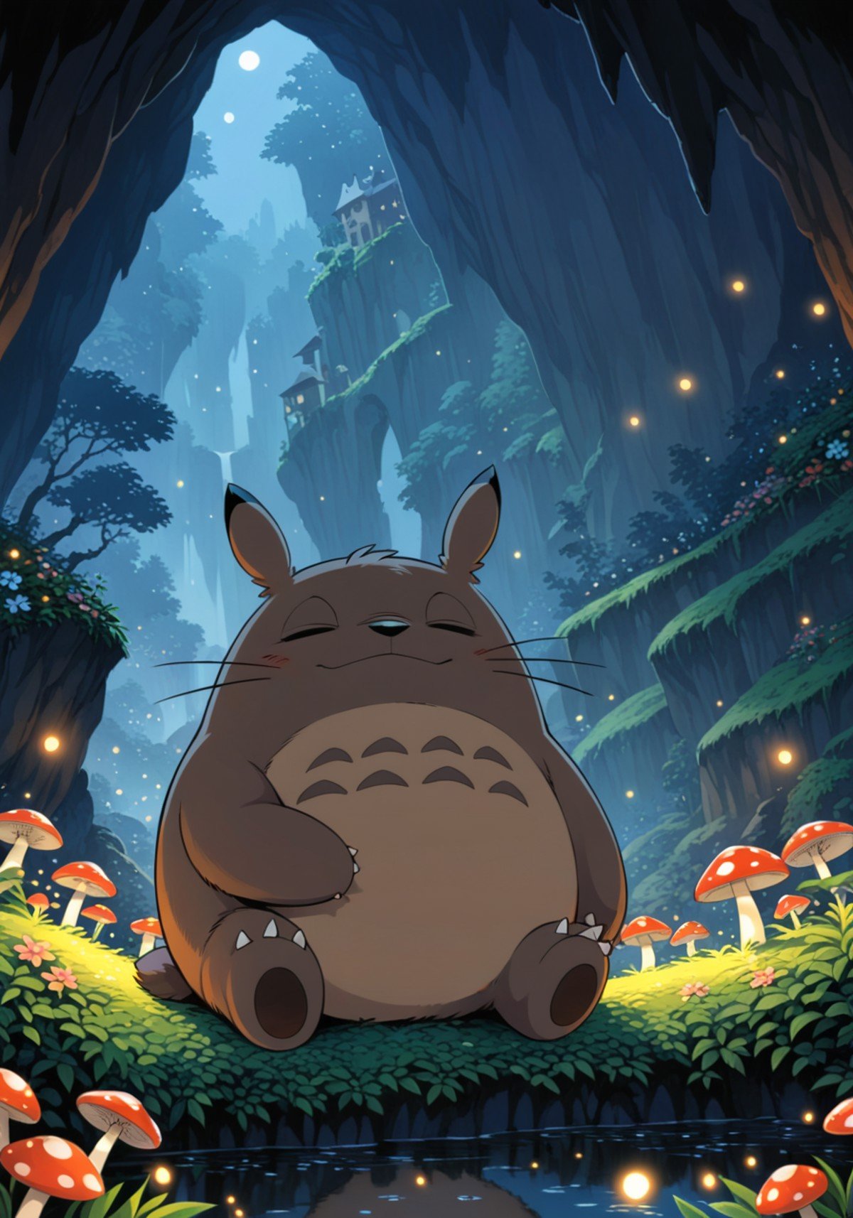 solo toony totoro, portrait, sitting, sleeping, BREAK, by Osamu Tezuka, by Satoshi Kon, detailed background, detailed foreground, depth of field, ambient silhouette, backlighting, fantasy town, morning, night, forest, rivert, cave, plant, mushroom, flower, ambient firefly