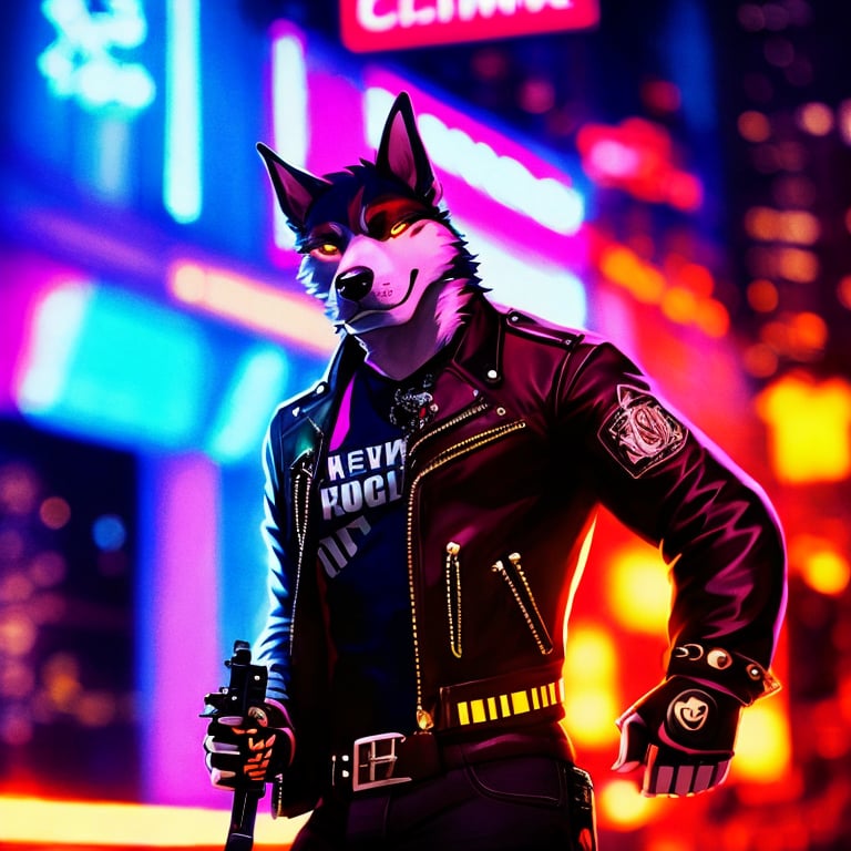 beautiful detailed realistic portrait furry anthro scary dog fursona muscled man wearing punk clothes in the streets of a cyberpunk city, holding a machine gun, gloves, Neo noir style, Cinematic, neon lights glow in the background. Cinestill 800T film. Lens flare. Helios 44m, dreamwave colors, depth of field, bokeh