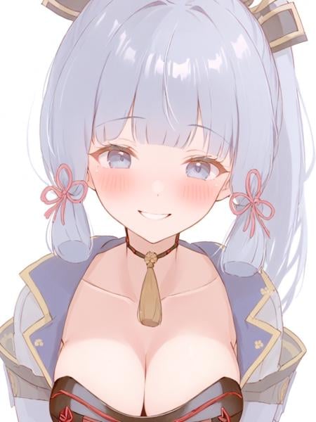 <lora:shenli3:1>,1girl,kamisato_ayaka,solo,breasts,blush,looking_at_viewer,cleavage,own_hands_together,white_background,armor,upper_body,breastplate,tress_ribbon,collarbone,sidelocks,smile,
