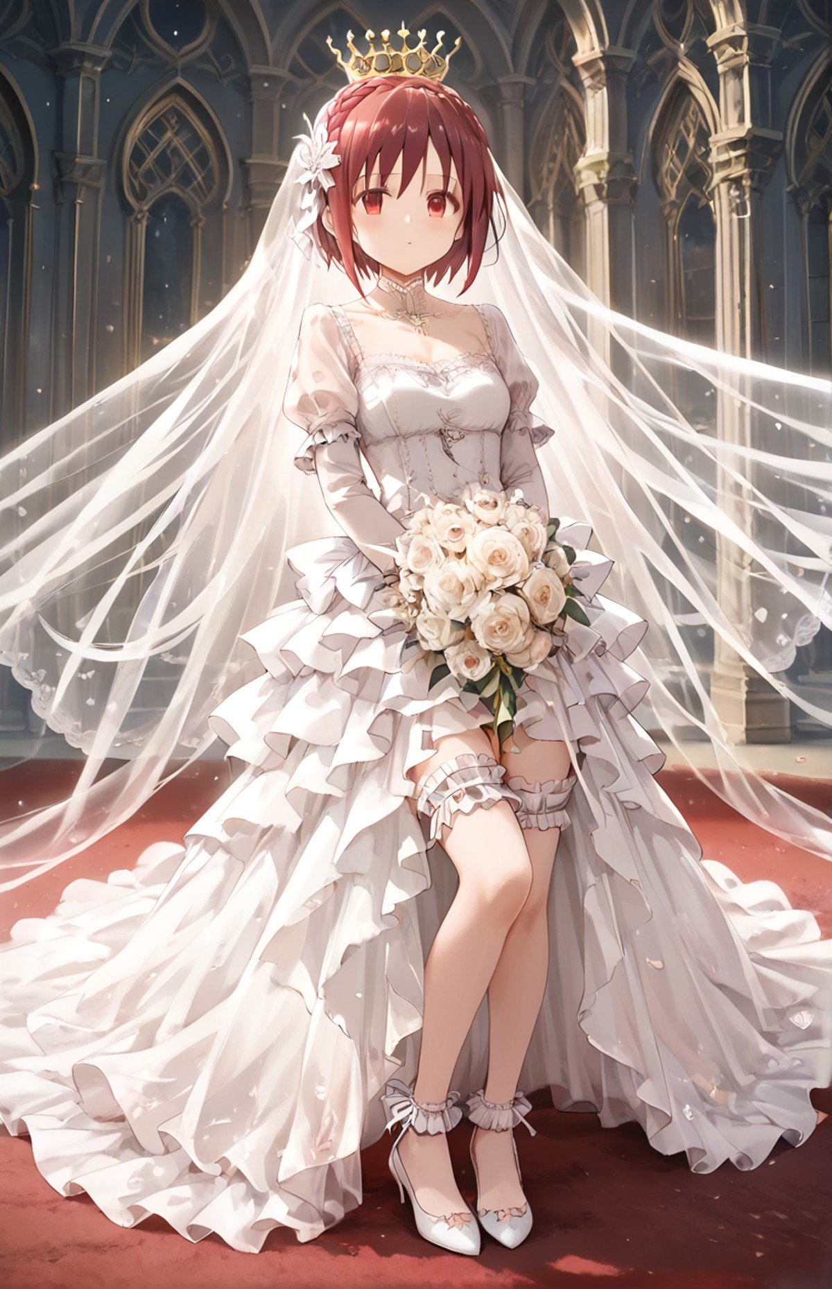 1girl, mermaid-line wedding dress, bridal veil, holding bridal bouquet, <lora:WD-XLPony_010:0.8>, sleeves past fingers, HD, see-through, cathedral, red carpet, romantic, delicate design, mahou shoujo madoka magica, crown braid, lace applique, layered dress, bridal garter, score_9, score_8_up, score_7_up , source_anime, masterpiece, best quality, perfect anatomy , very aesthetic , absurdres