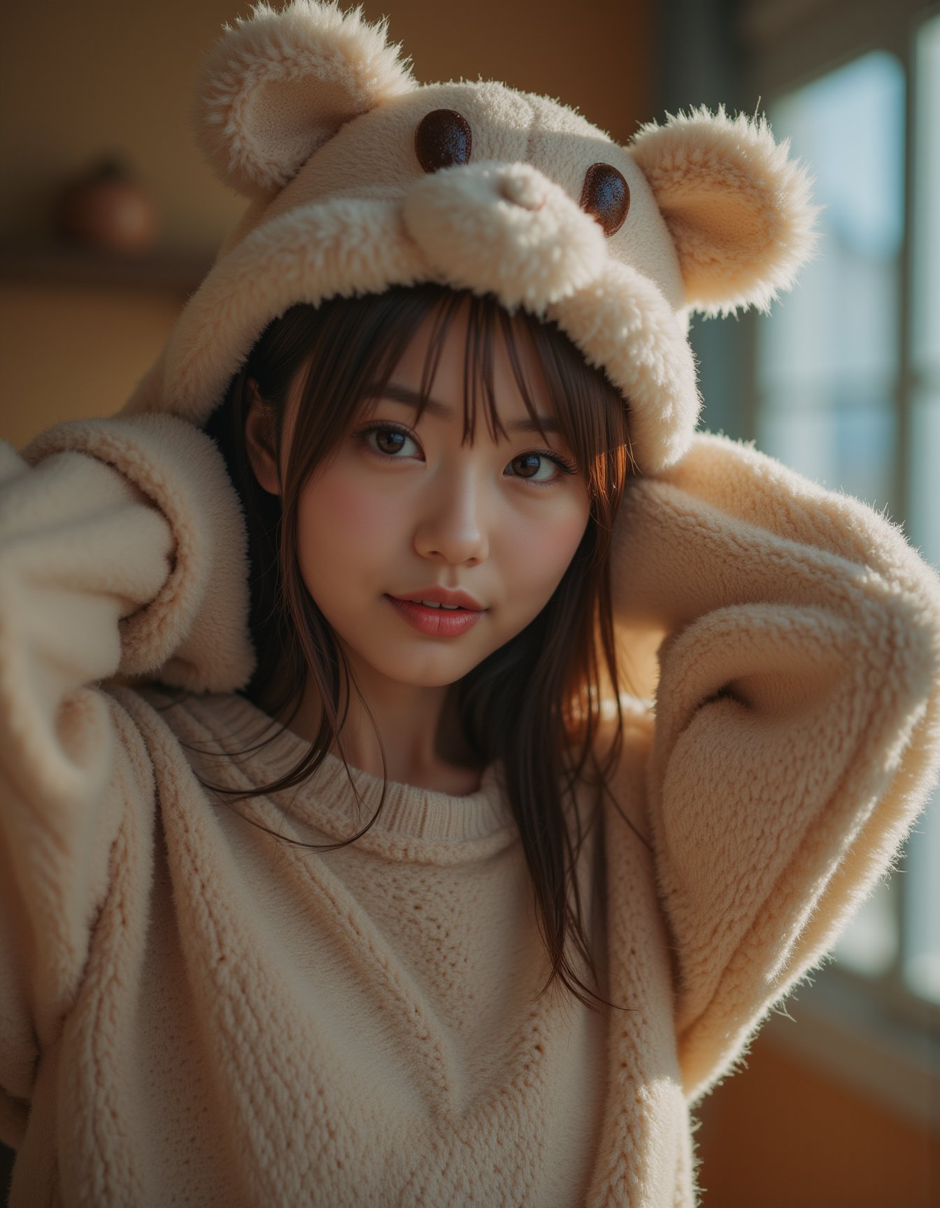 best quality, masterpiece, realism, realistic, long sweater fur-suit with bear costume, hands behind the head, cheats cutout, analogue photo of adult girl in costume, looking at viewer, long hair, extremely beautiful detailed face, medium breasts, (cute face, temptations look), eye level, professional photo, high contrast exposure, soft bokeh, high key light, hard shadow, soft bokeh, playful theme,