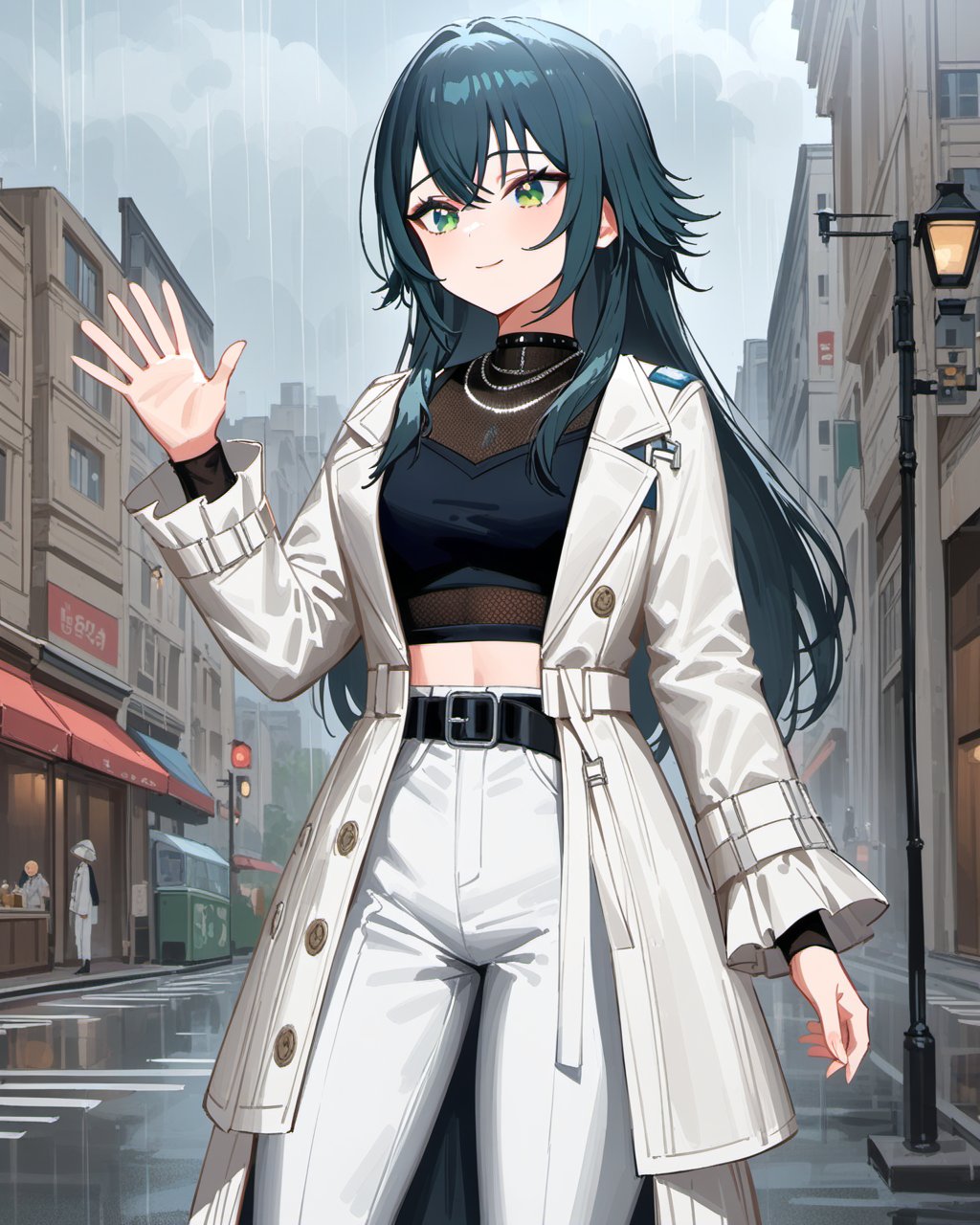 (impasto),best quality,masterpiece,highres,<lora:gakuenidolmaster1-A3:0.6>,temari tsukimura,temari two,1girl,green eyes,long hair,white pants,black footwear,white coat,long sleeves,jewelry,boots,necklace,belt,open clothes,black belt,crop top,black sockssitting,outdoor,city,rainning,waving,smile,upper body,