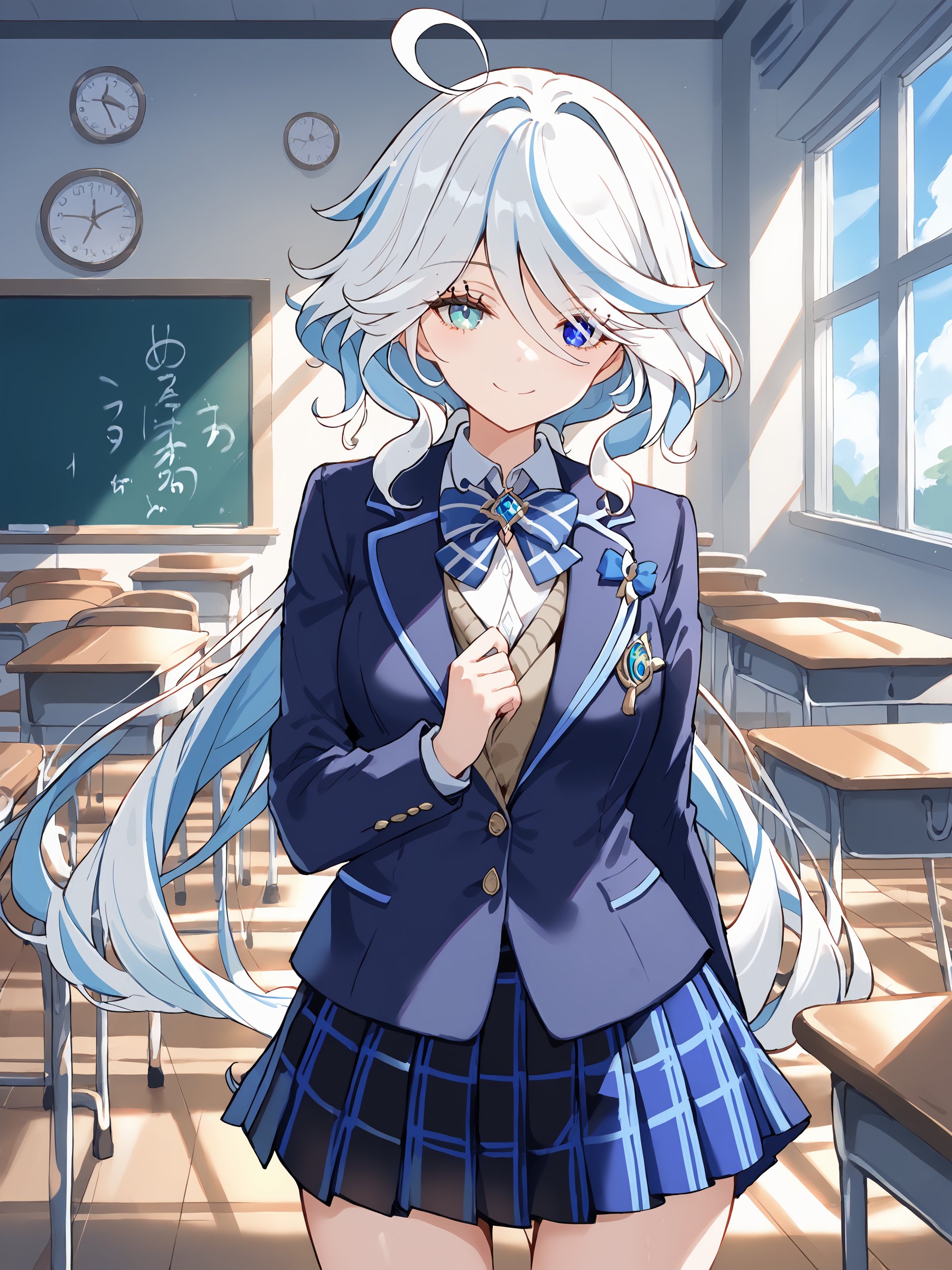 masterpiece, best quality, perfect features, intricate details, ray tracing, newest,(hitenkei, askzy:0.4), 1girl,  furina \(genshin impact\), heterochromia, school uniform, blazer, collared shirt, bowtie, checkered skirt, evil smile, classroom, indoors, cowboy shot, depth of field  <lora:Char-Genshin-Furina-Pony-V1:1> 