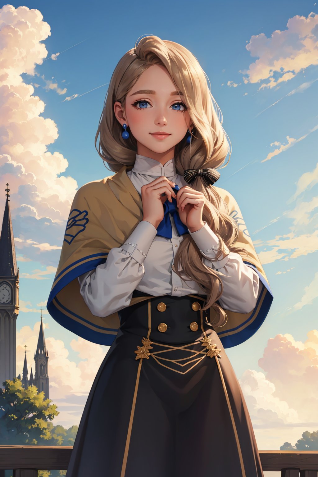 masterpiece, best quality, defMercedes, capelet, hair bow, white shirt, black skirt, blue leggings, upper body, standing, cathedral, sky, cloud, outdoors, smile, serene, hands to heart <lora:mercedes-nvwls-v2-000012:0.8>