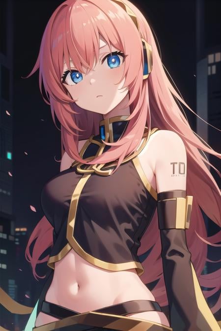 lukamegurine, <lora:lukamegurinetest:1>,luka megurine, blue eyes, headphones, long hair, pink hair, (medium breast:1.2),BREAK arm warmers, armband, bare shoulders, black shirt, black skirt, crop top, midriff, navel, shirt, shoulder tattoo, single arm warmer, skirt, tattoo,BREAK looking at viewer,BREAK outdoors, city,BREAK <lora:GoodHands-vanilla:1>, (masterpiece:1.2), best quality, high resolution, unity 8k wallpaper, (illustration:0.8), (beautiful detailed eyes:1.6), extremely detailed face, perfect lighting, extremely detailed CG, (perfect hands, perfect anatomy),