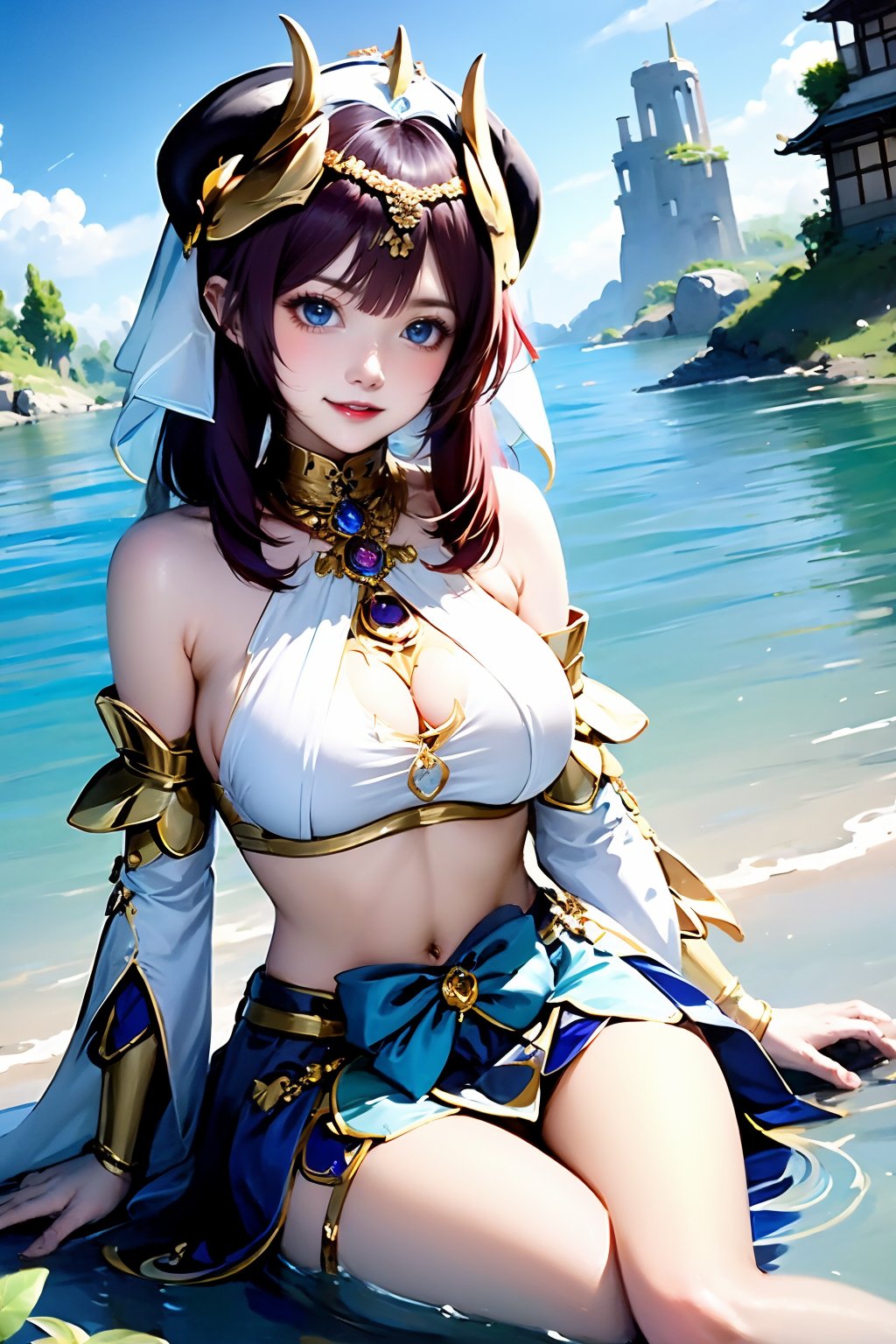 1girl, nilou \(genshin impact\), solo, fake horns, breasts, horns, water, long hair, veil, sitting, looking at viewer, bracer, red hair, skirt, blue eyes, jewelry, parted lips, thighs, long sleeves, outdoors, crop top, circlet, thighlet, large breasts, blue skirt, brooch, neck ring, smile, white headwear, soaking feet, sky, parted bangs, white veil, puffy long sleeves, day, stomach, vision \(genshin impact\), puffy sleeves, blue sky, harem outfit, gold trim, twintails, hand on own chest, gem, hand up, reflective water, blue gemstone, nail polish, red lips, low twintails, reflection, lips, medium breasts, detached sleeves, navel, sidelocks, midriff, sideboob, bow, arm support, very long hair, blush, teeth, cloud, ripples