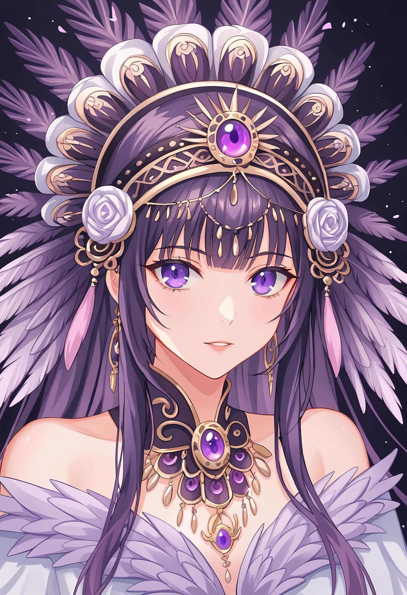 A mesmerizing digital portrait of a charismatic woman with piercing violet eyes, adorned in an ornate headdress, surrounded by vibrant blossoms and delicate feathers