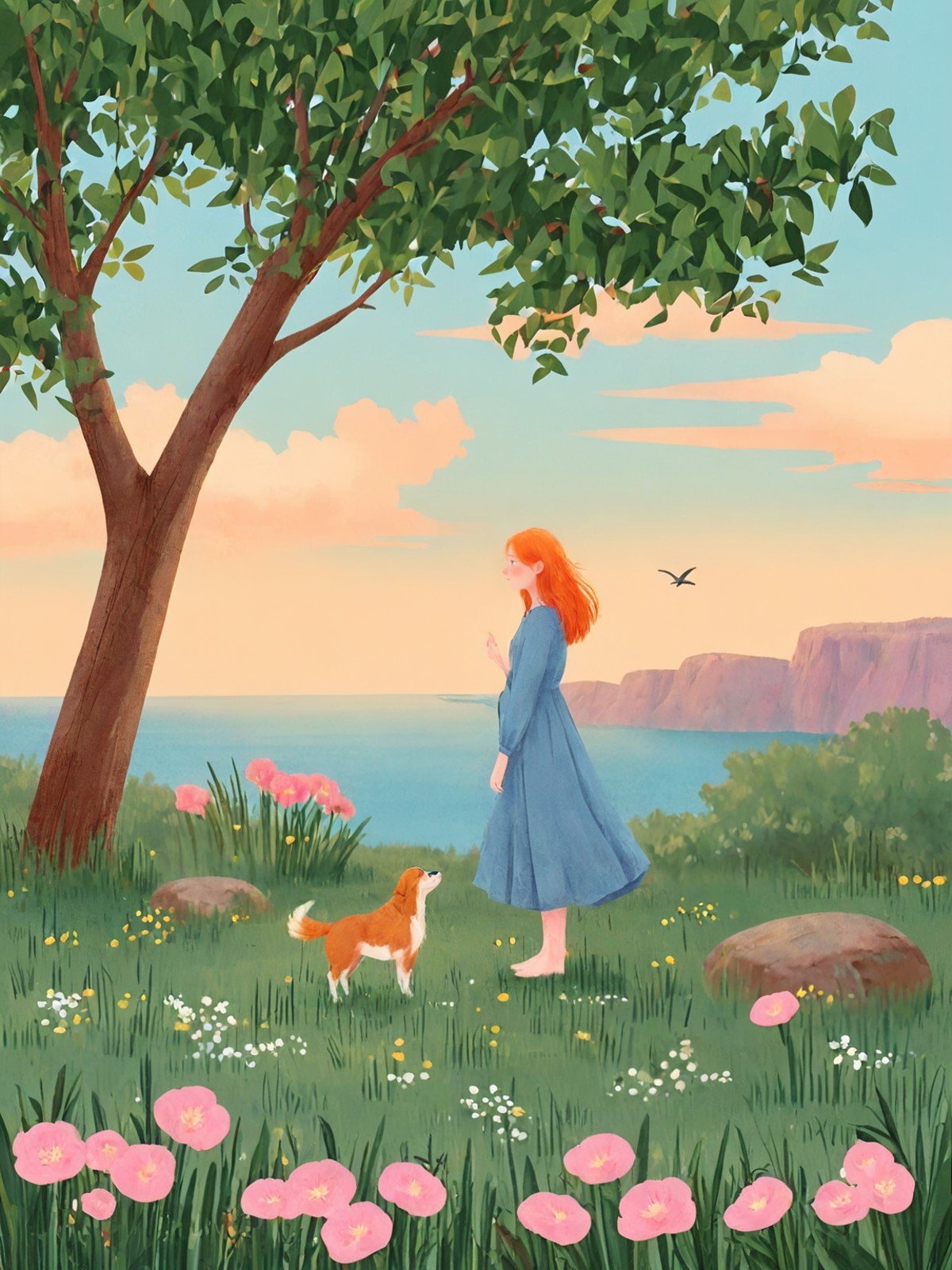 <lora:chatu0516:0.7>,illustrations,1girl,outdoors,tree,grass,flower,barefoot,long hair,long sleeves,dress,bird,day,pink flower,sky,blue dress,blue sky,wide shot,solo,orange hair,horizon,white shirt,scenery,dog,rock,shirt,plant,cloud,