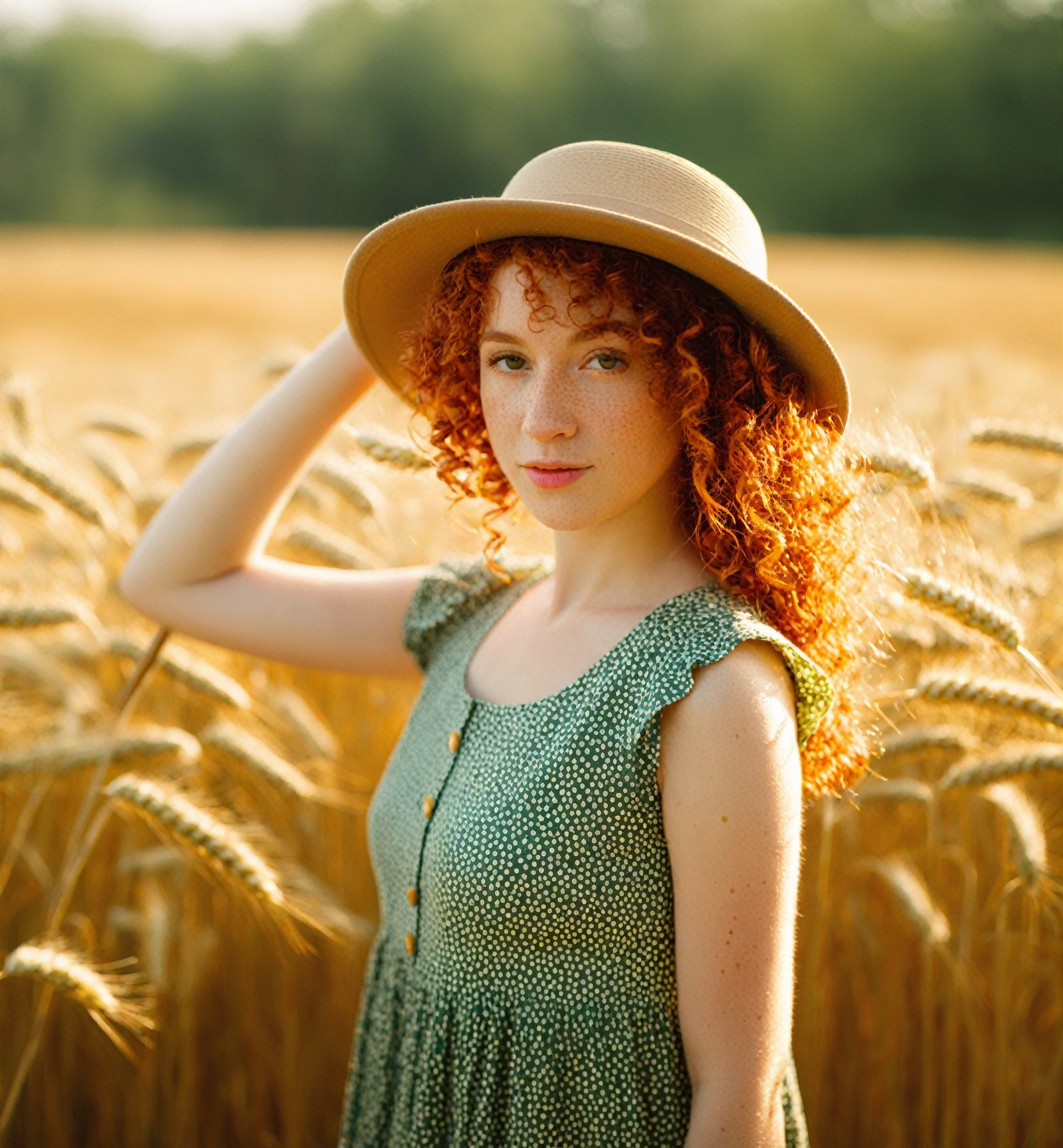 Outdoor portrait of a young woman with curly red hair,wide-brimmed hat,direct gaze,natural daylight,golden hour sunlight,freckles,hint of greenery in soft-focus background,subtle bokeh,summer dress,holding wheat,warm color tones,soft texture,20 years old,Caucasian,casual countryside fashion,looking at viewer with a gentle expression,manual focus,high depth of field,inspired by contemporary outdoor portrait photography,average quality.,