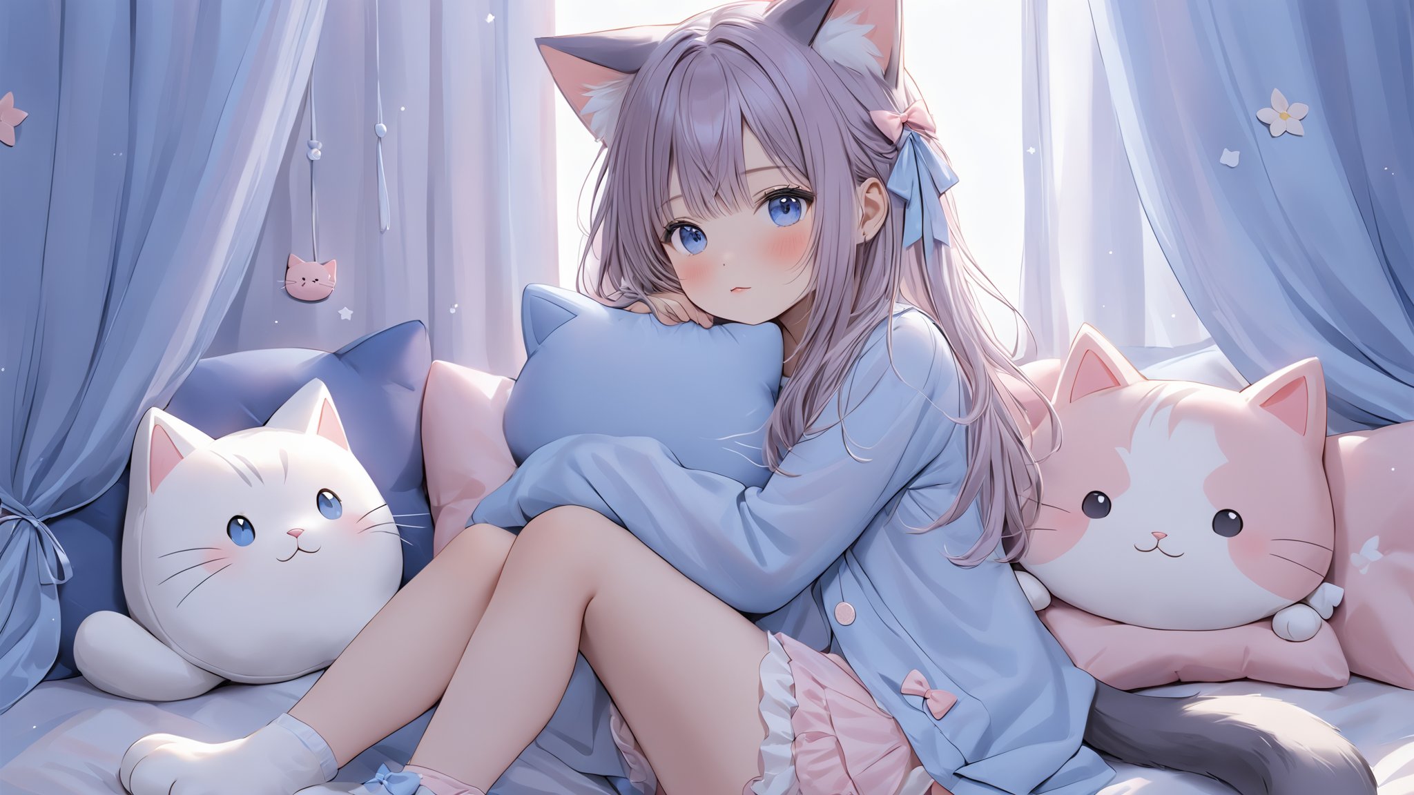 1girl, animal ears, bloomers, blue eyes, blush, cat ears, cat girl, cat tail, curtains, hair ornament, long hair, pillow, sleeves past wrists, stuffed animal, stuffed cat, stuffed toy, tail, underwear