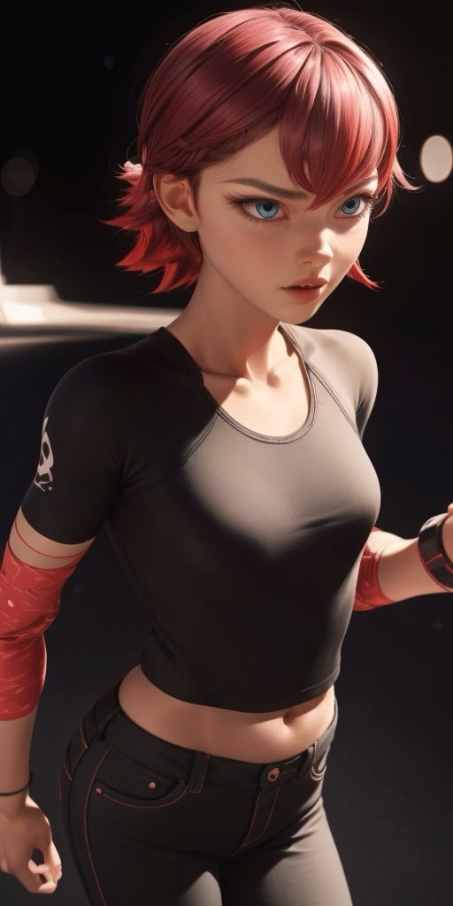 Hyperrealistic, photorealistic, highly detailed, body like in real life, perfect face, black T-shirt, black trousers, expressive brilliant cerulean eyes, short hight, red hair, fifteen years old, very little very flat breasts, octane render, unreal engine, highly detailed photorealistic background, droped shadow, bokeh, cinematic lighting, unreal engine, octane render, <lora:add_detail:0.5>, <lora:Volumetric_lighting:0.6>, Kubdel, Alix, , <lora:b5a1a206-402a-4cd9-b015-27a99c92ff02:0.7>