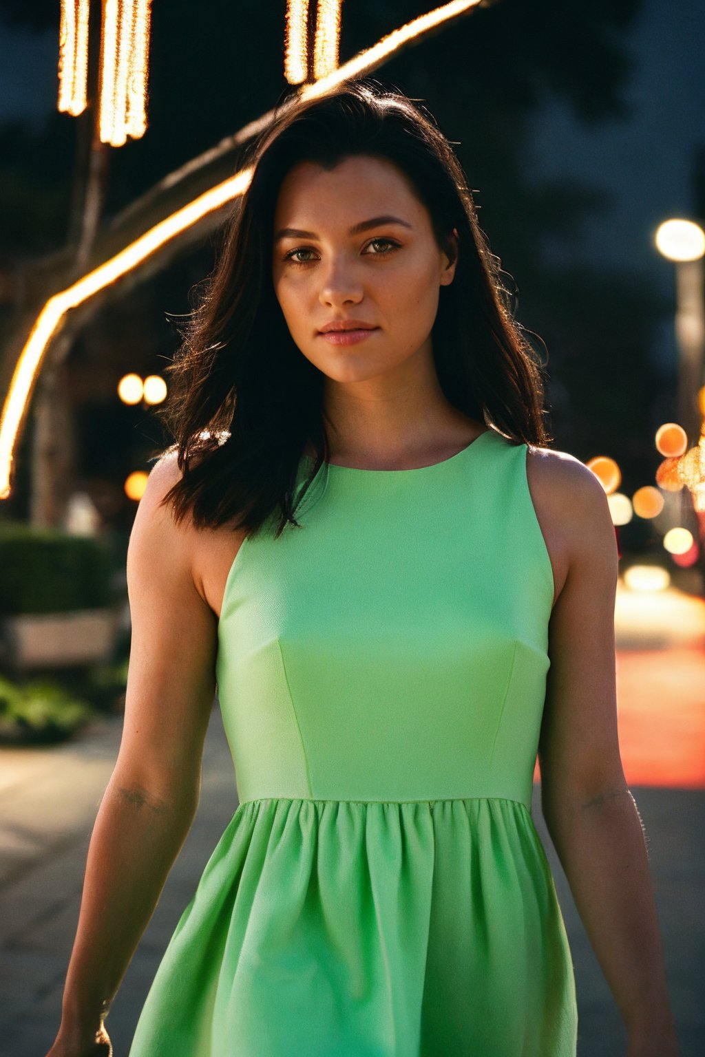 <lora:Belladonna_PS_Lora:0.85>, photo of b3ll4d0nn4, 1girl, (cowboy shot:1.2), detailed background, green dress, walking at the city streets, night, epiCRealism, epiCPhoto 