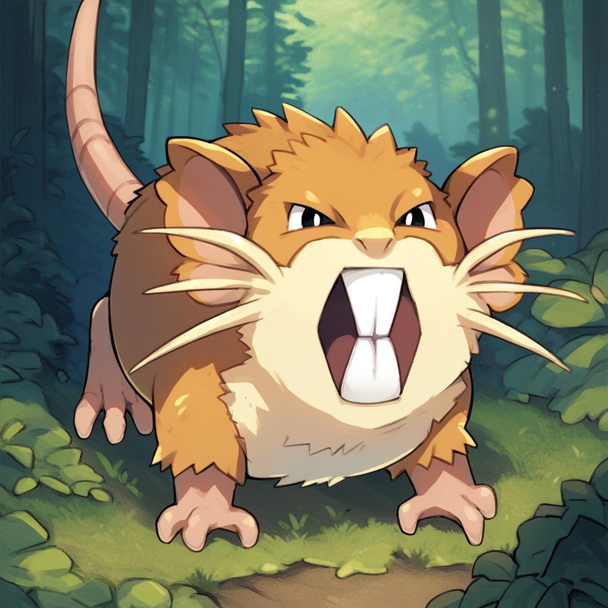 (source_anime, score_9, score_8_up, score_7_up:1), solo male, raticate, feral, looking at viewer, outdoors, forest