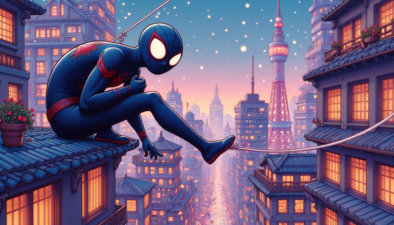 Spider-Man perches on the edge of a misty, neon-lit Tokyo skyscraper rooftop, his suit glowing with a soft blue undertone as the city lights dance across his figure. He tightens his web-shooters and leaps into the air, unfurling a gleaming silver web that stretches across the gap between buildings as he swings towards the glimmering Tokyo Tower.