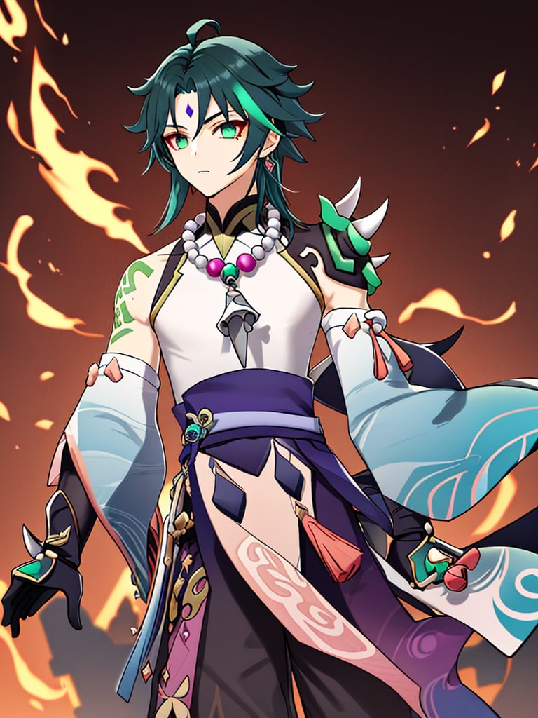 xiao (genshin impact),beads,gloves,bead necklace,1boy,necklace,jewelry,male focusforehead mark,tassel,asymmetrical clothes,solo,black gloves,ahoge,detached sleeves,arm guards,shoulder spikes,bangs,parted bangs,single detached sleeve,two-tone hair,green gloves,right arm tattoo,his left shoulder was covered with a spiked shoulder armor,black and green gradient hair,waist pendant,he wore a mask around his waist,standing on fire,