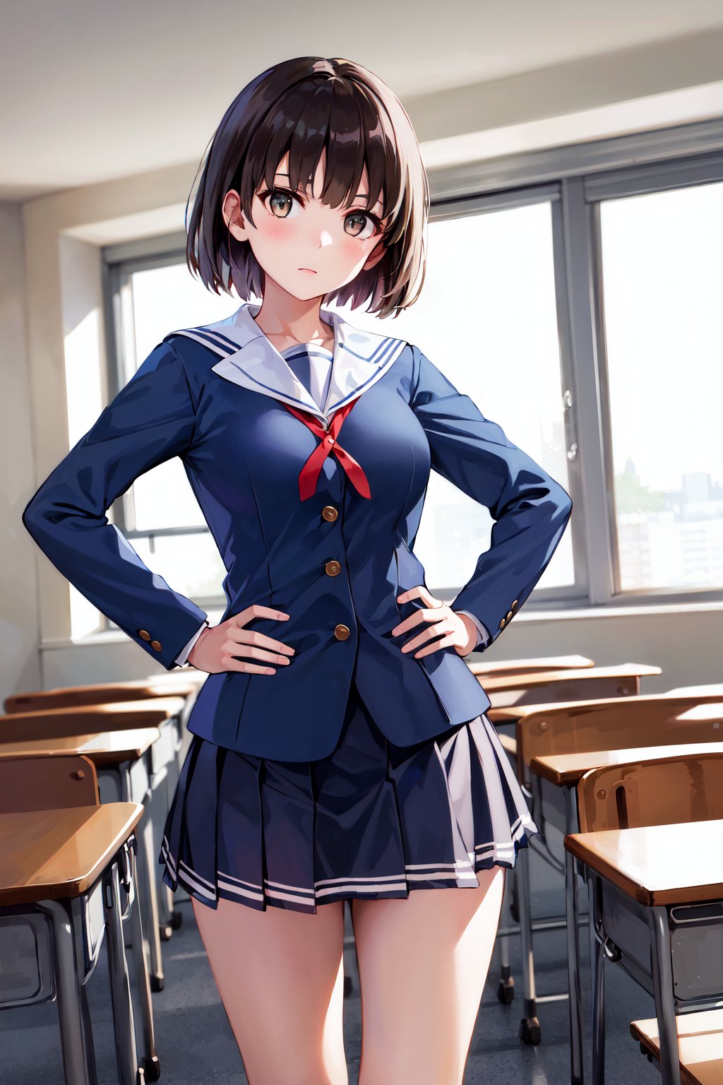 masterpiece, best quality, highres, bbmegumi, short hair, school uniform, sailor collar, (blue shirt:1.2), long sleeves, pleated skirt, blue skirt, <lora:katou_megumi_v2:0.7>, hands on hips, serious, classroom