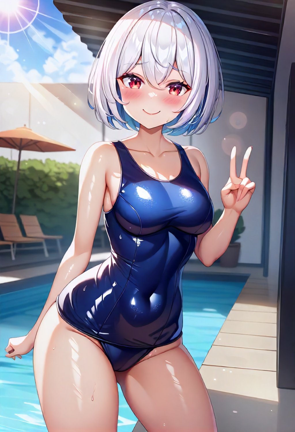 masterpiece,best quality, very aesthetic, absurdres,photoshop \(medium\),1girl,qsuku,blue qsuku,shiny,white hair,red eyes,short hair,V,small breasts,looking at viewer,poolside,<lora:qsukuSDXL_v1:1>,sunlight, cloudy sky, sun, building