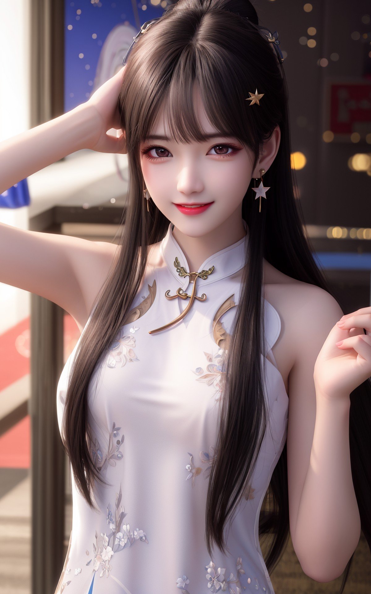 best quality,masterpiece,highres,cg,1girl,(seductive smile:0.8),long hair,star-shaped pupils,cheongsam,dress,water,solo,jewelry,white dress,earrings,hair ornament,splashing,upper body,hair bun,black hair,lighting,candid,Photograph,high resolution,4k,8k,Bokeh,