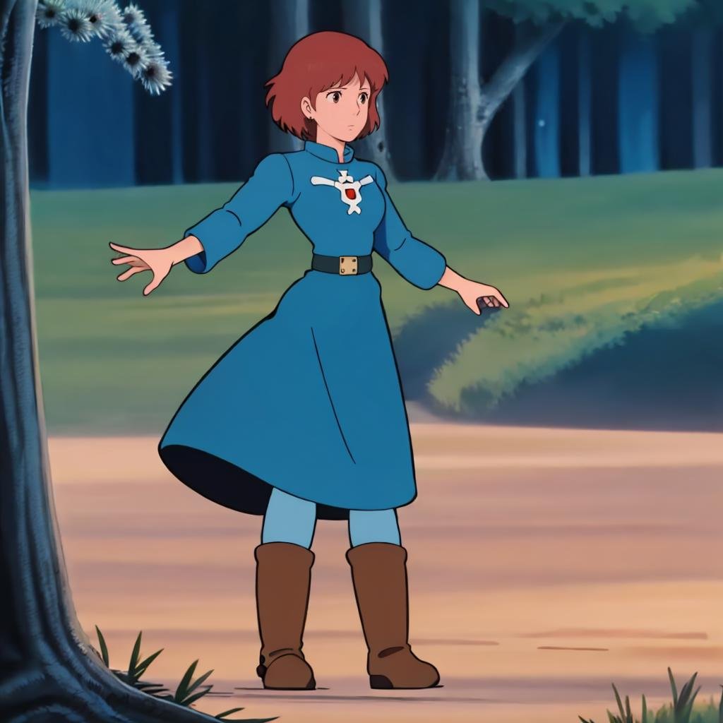 <lora:Nausicaa005:0.7>,Nausicaa,1girl,dark_blue_longdress,long_sleeves,blue pants,boots,brown footwear,nature,