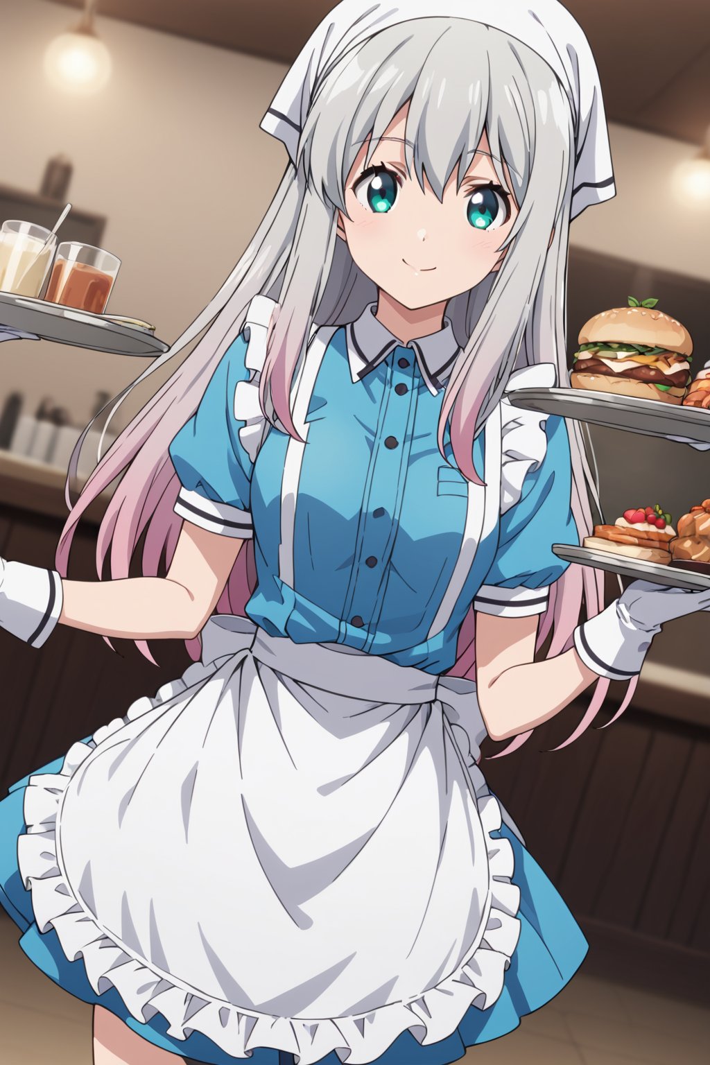 koizumi yogiri, long hair, grey hair, aqua eyes, grey hair, pink hair, multicolored hair,1girl, solo, smile, apron, blue shirt, blue skirt, frilled apron, frills, gloves, head scarf, shirt, short sleeves, skirt, uniform, waist apron, waitress, white apron, white gloves, food, tray, food tray, indoors, restaurant, looking at viewer, dutch angle, cowboy shot,masterpiece, perfect face, best quality, beautiful girl, blurry background, cute girl, beautiful eyes, shiny eyes, anime coloring, anime screencap, absurdres,  <lora:koizumi yogiri anyt:0.6>