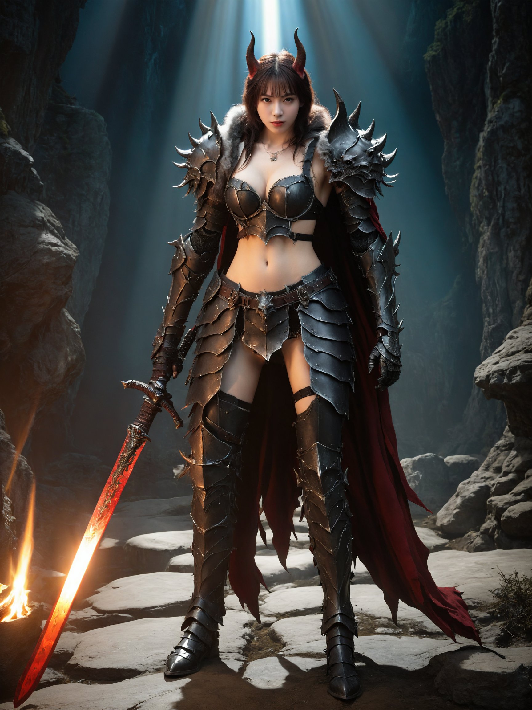 a girl standing in front of werewolf which holding a glowing sword, full body armor, a werewolf seems to be a representation of a knight,which is positioned vertically, wearing a costume,posing to viewer, catwalk in front of hot sprint,wearing a costume, tattoo on the breasts, tattoo cleavage, (Lower abdomen tattoo),hot spring background, spot light, dark theme, high key light, rim light, spark holy light reflection,devil armor<lora:hinaDevilArmor_v1:0.5>