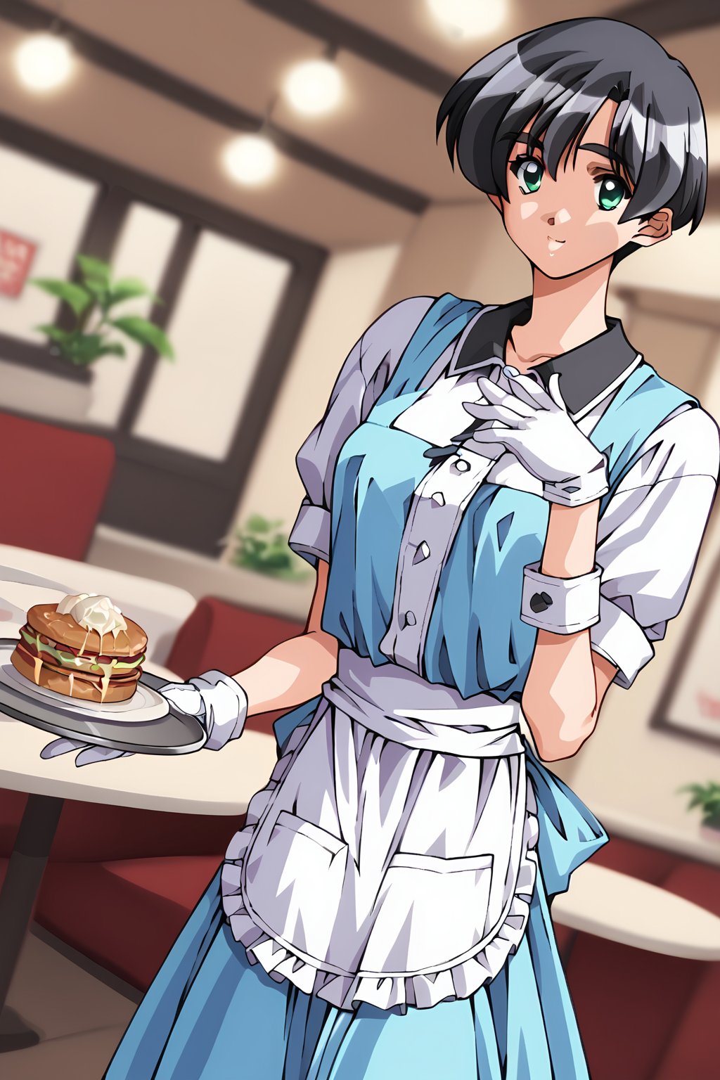 score_9, score_8_up, score_7_up, score_6_up, score_5_up, score_4_up, source_animewakabayashi ayu, 1girl, black hair, green eyes, short hair, solo, smile, apron, blue shirt, blue skirt, frilled apron, frills, gloves, head scarf, shirt, short sleeves, skirt, uniform, waist apron, waitress, white apron, white gloves, food, tray, food tray, indoors, restaurant, looking at viewer, dutch angle, cowboy shot,masterpiece, perfect face, best quality, beautiful girl, blurry background, cute girl, beautiful eyes, shiny eyes, anime coloring, anime screencap, absurdres,<lora:wakabayashi ayu auti 822:1>