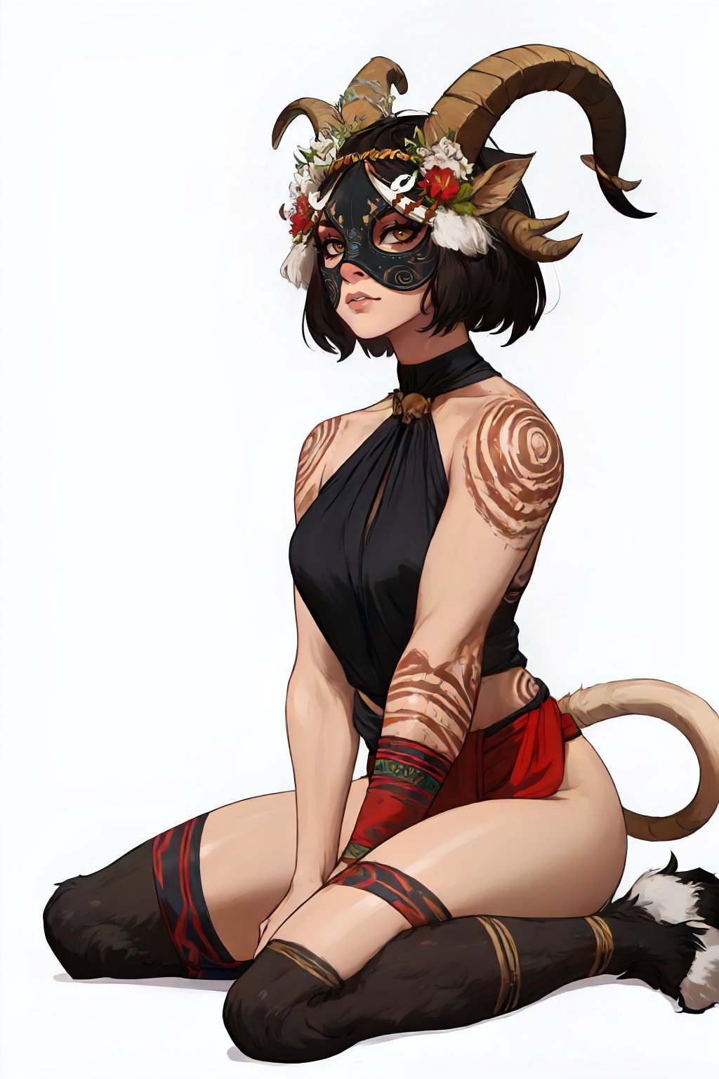 <lora:TW_Succubus-DEF:0.7> witsucc, solo, sitting o the floor, goat legs, hooves, tribal clothing, mask, lion tail, halterneck, waistcloth, white background, horns, hair ornament, tattoo, perfect, sharp, masterpiece, detailed, high resolution, best quality,