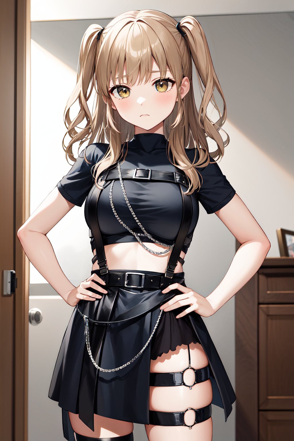 masterpiece, best quality, highres, ddsister, long hair, two side up, wavy hair, crop top, cropped shirt, black shirt, short sleeves, chest harness, suspenders, midriff, miniskirt, black skirt, thigh strap, <lora:sister_cleaire_v2:0.7>, standing, cowboy shot, frown, indoors, hands on hips, 