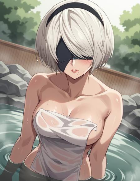 score_9, score_8_up, score_7_up, source_anime,2b, <lora:2b-s1-ponyxl-lora-nochekaiser:1>,2b, yorha no. 2 type b, short hair, white hair, hairband, mole, black hairband, mole under mouth, blindfold, covered eyes, black blindfold,nude, naked, outdoors, onsen, towel, naked towel, steam, bathing, nude cover, partially submerged, water, bath, steam censor, wet towel, blush,solo, dutch angle, looking at viewer, cowboy shot,