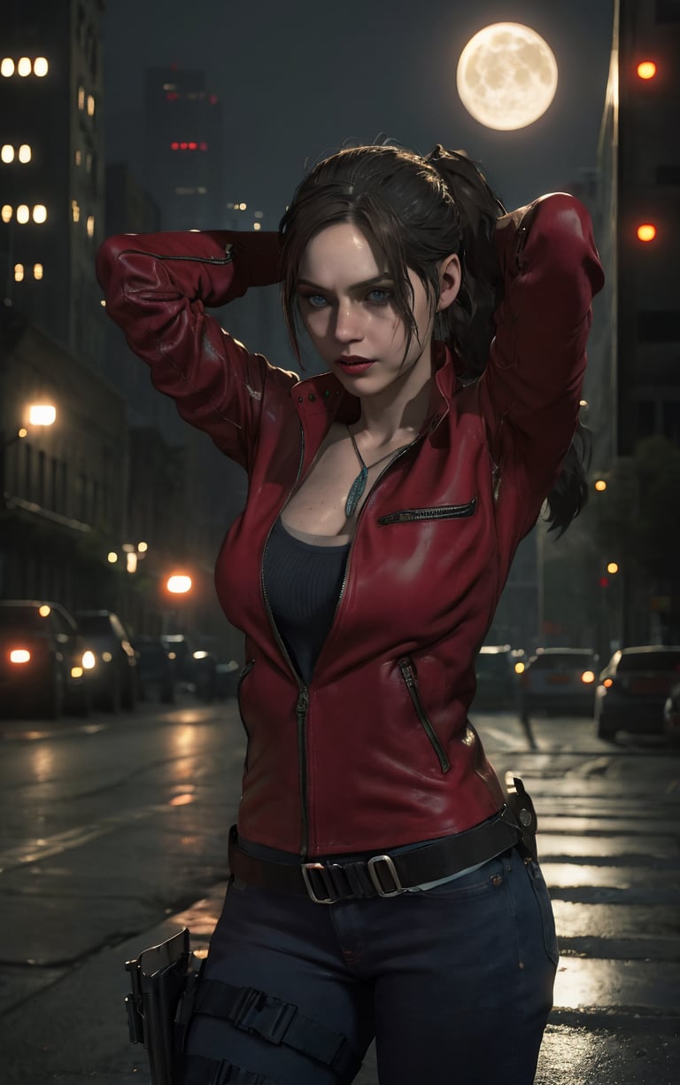 (masterpiece, best quality:1.4), insaneres, absurdres, solo, looking at viewer,BREAK GAME_ResidentEvil2Remake_ClaireRedfield_ownwaifu,  lips, brown hair, blue eyes, ponytail, breasts, long hair, large breasts, nose, red lips, makeup, dog tags, lipstick, jacket, jewelry, necklace, red jacket, pants, belt, denim, jeans, holster, bracelet, zipper, pendant, cleavage, collarbone, thigh holster, long sleeves, silk, leather jacket, (contrapposto, arms behind head), neon_lights, cityscape, night, pool, full moon, outdoors, <lora:GAME_ResidentEvil2Remake_ClaireRedfield_ownwaifu:0.9> , depth of field 