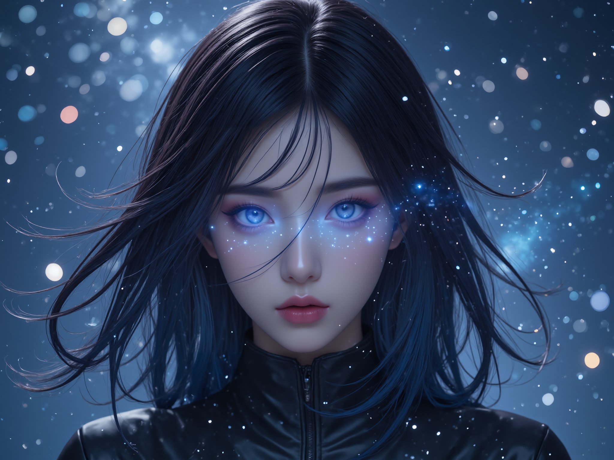 masterpiece, best quality,highres, 1girl, stars in the eyes, blue long hair, Starry sky adorns hair, (((glistening light))), (Luminous), detailed shadow, meteor,fanxing, ,techwear, full body,black hair, medium hair,  <lora:极品超模V8_2.0:0.8>