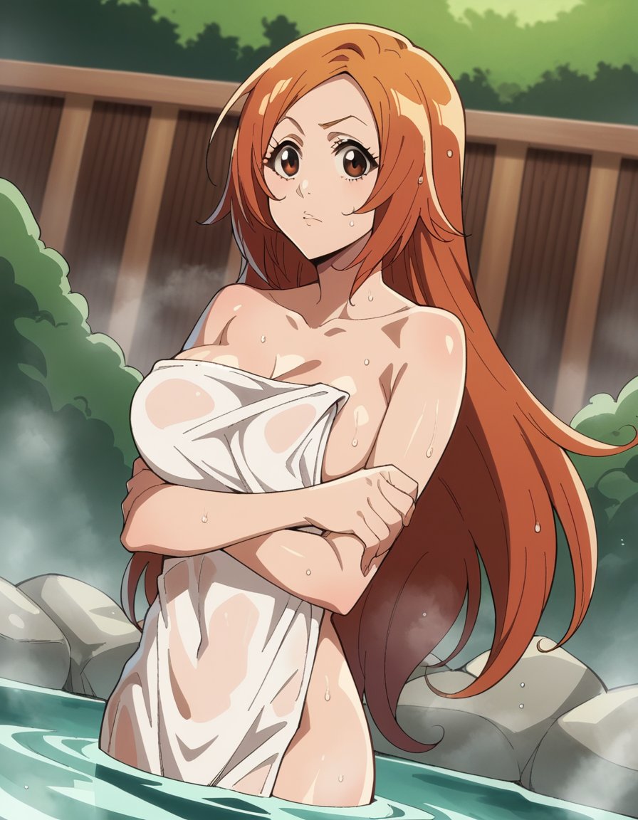 score_9, score_8_up, score_7_up, source_anime,inoueorihime, <lora:inoue-orihime-tybw-ponyxl-lora-nochekaiser:1>,inoue orihime, long hair, orange hair, brown eyes,nude, naked, outdoors, onsen, towel, naked towel, steam, bathing, nude cover, partially submerged, water, bath, steam censor, wet towel,looking at viewer, cowboy shot, dutch angle, solo,