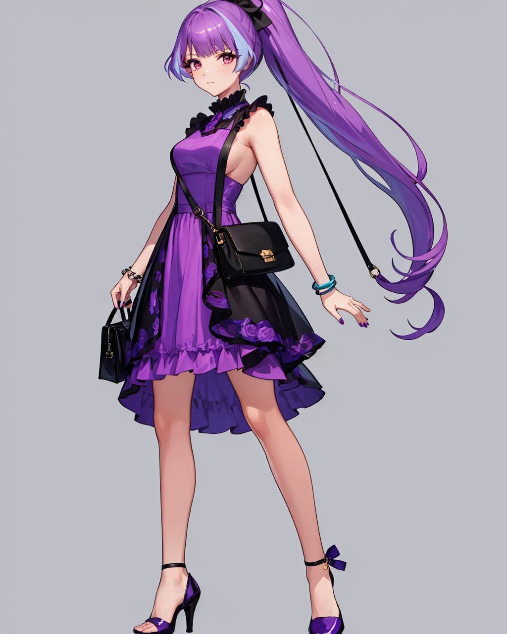 masterpiece,best quality, highly detailed, mikumo guynemer,1girl, solo, blue background, handbag, sleeveless dress, short dress, full body, bracelet, standing, sketch, holding bag, purple footwear, purple dress, medium breasts, simple background, shiny, nail polish, looking at viewer, high ponytail, ponytail, pumps, closed mouth, sideboob, backless dress,<lora:mikumo_guynemer:1>