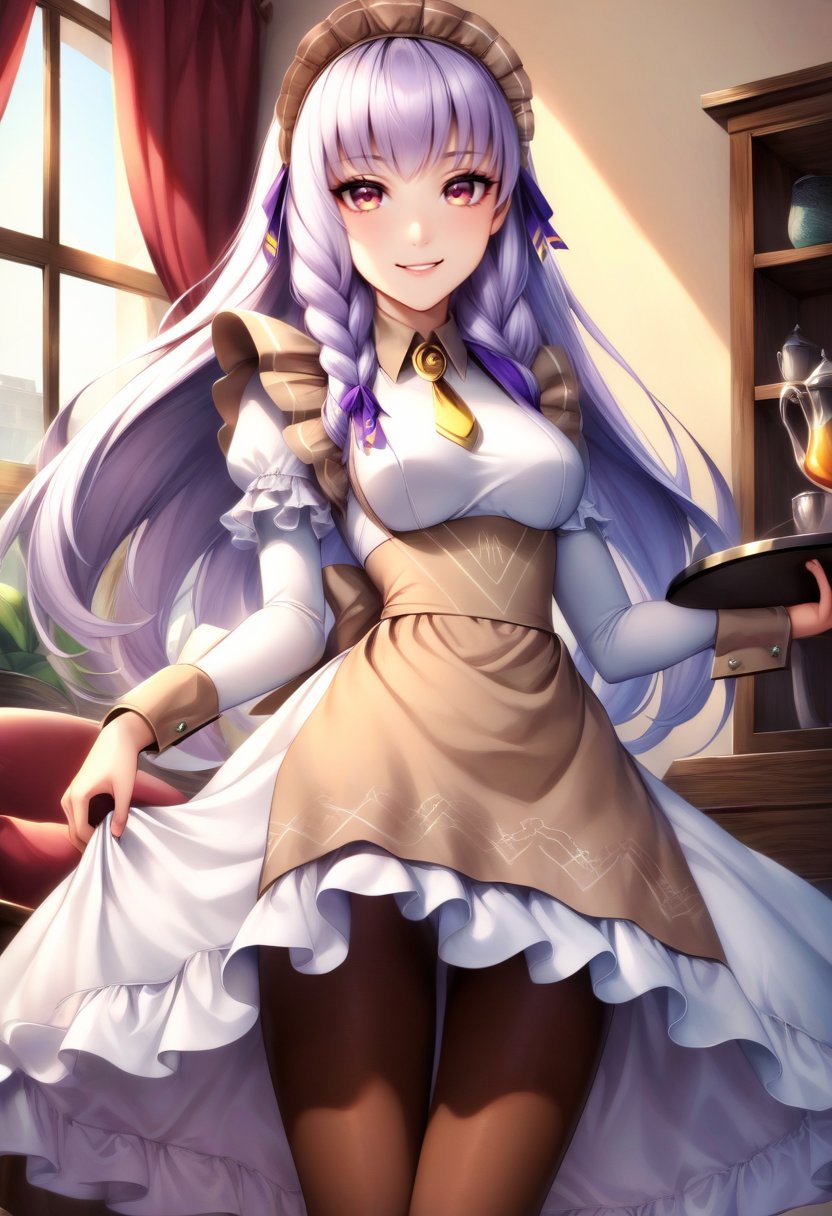 solo, 1girl, lysitheamaid, smile, looking at viewer, holding tray, braid, maid headdress, maid, white dress, long sleeves, brown pantyhose, indoors, living room <lora:fireemblem_ordelia_xl-000005:1>