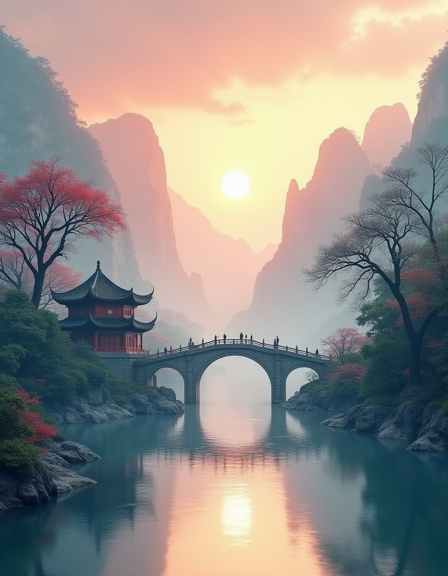 XHC Chinese style landscape,scenery,no humans,architecture,tree,cloud,mountain,sky,outdoors,sun,water,building,bridge,river,pagoda,Reflection,(HRD, HUD, 8K),(masterpiece, best quality),highly detailed,<lora:aki-园林风光-000008:0.6>, <lora:风景:1>