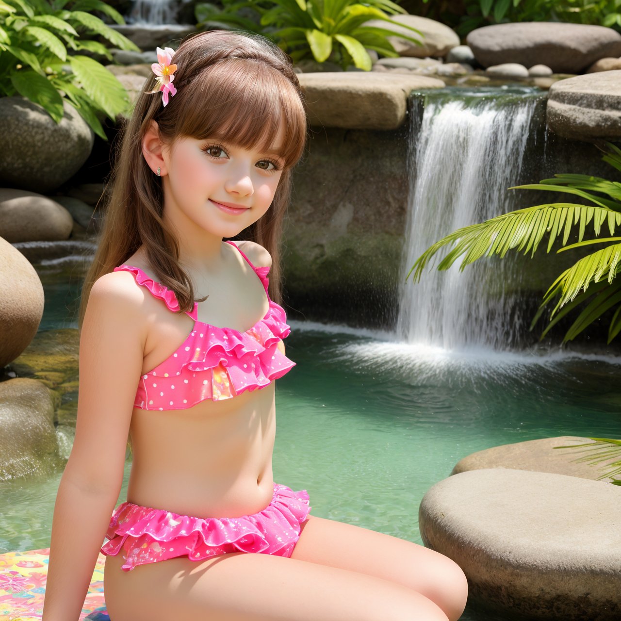 HD quality, HD, HQ, 4K, dolly short, close up of charming (AIDA_LoRA_KtM:1.06) <lora:AIDA_LoRA_KtM:0.85> in a one peace bathsuit sitting on the stones in a tropical garden with a waterfall behing her, little girl, pretty face, naughty, funny, happy, playful, dramatic, hyper realistic, studio photo, studio photo, (colorful:1.1)